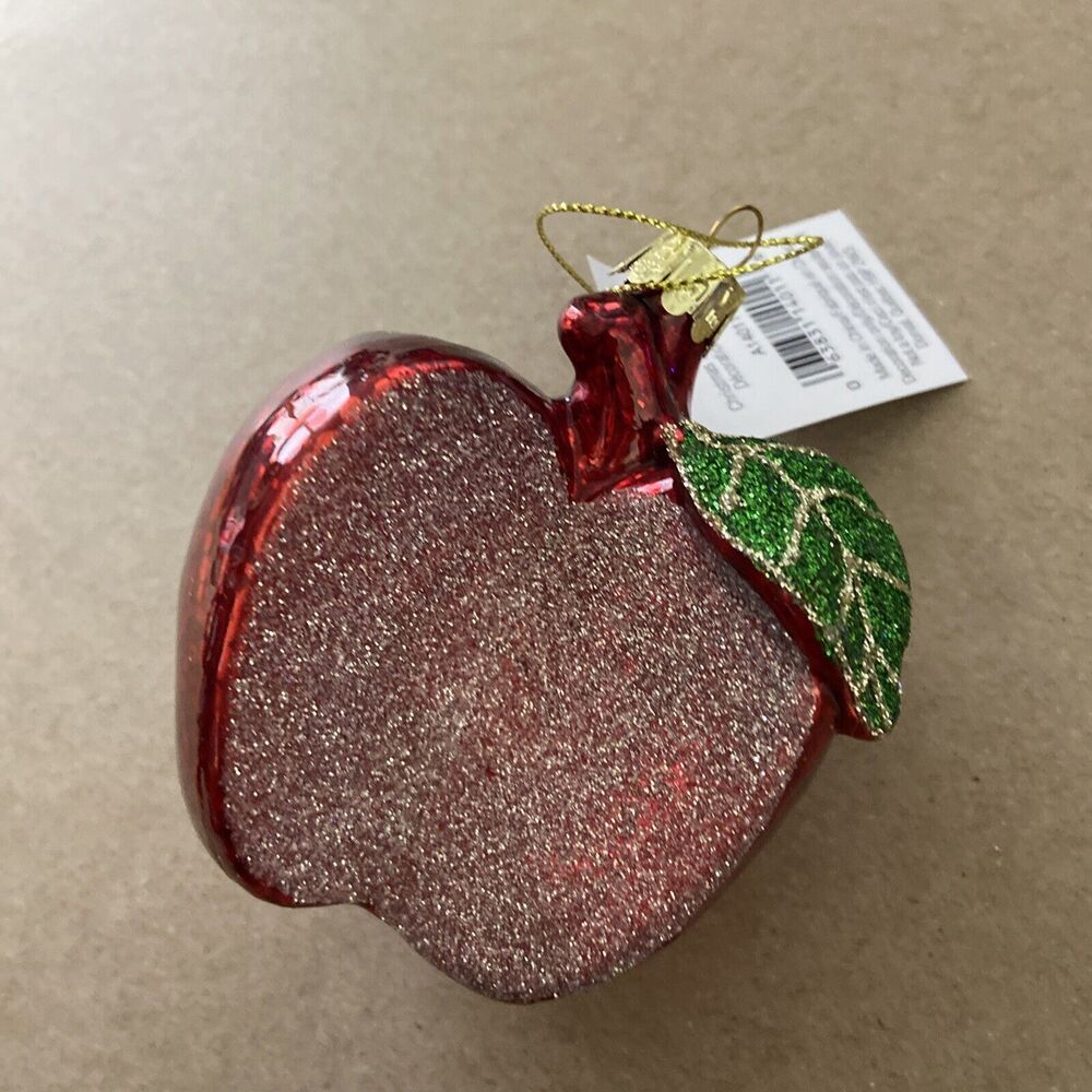 Silver Tree Ornament Bright Red Teacher's Apple Glass Christmas Red Green 3.5 in